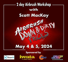 Scott MacKay Workshop promoting 2-day airbrush techniques event May 4-5, 2024 sponsored by leading airbrush brands