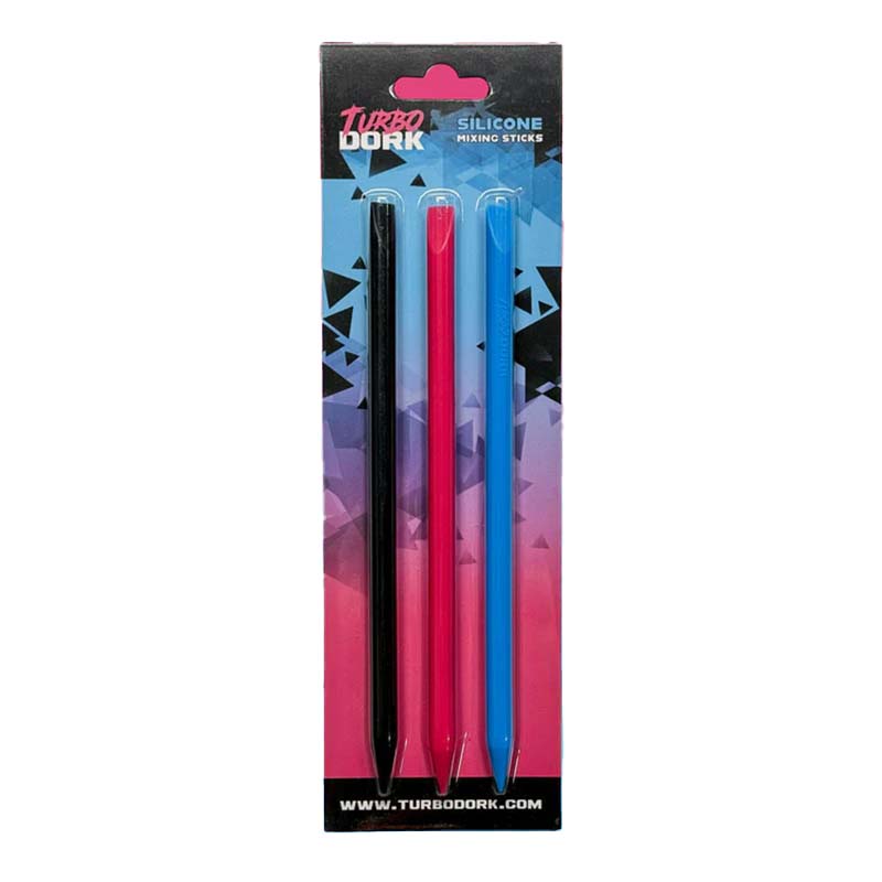 Silicone Paint Mixing Sticks Set with three reusable black, pink, and blue sticks for easy paint mixing and cleanup.