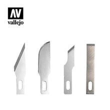 Vallejo 5 Assorted Blades For Knife No1 showcasing four different precision metal blades for versatile cutting tasks.