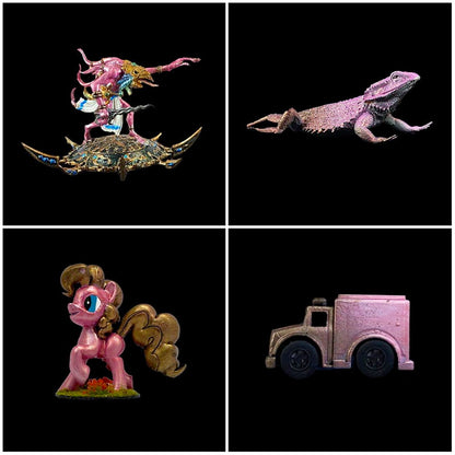 Turbo Dork Bubblegum Crisis ZeniShift acrylic paint showing vibrant pink and golden metallic effects on miniatures.