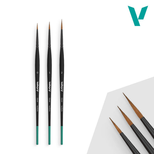VALLEJO Design Paint Brush Set featuring three fine detail brushes with black handles and turquoise tips for precision painting.