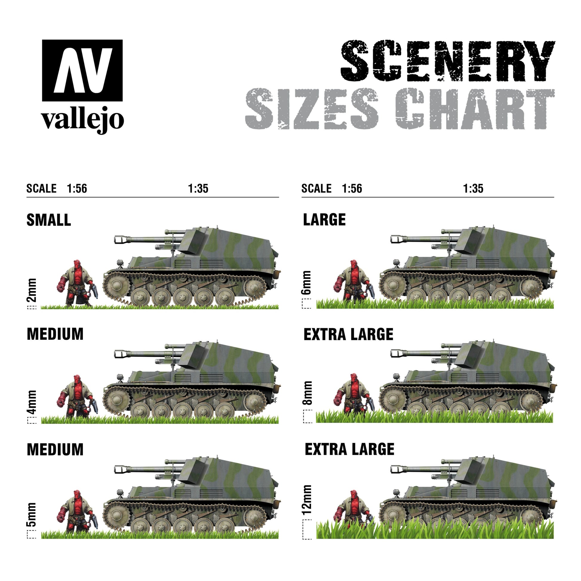 Vallejo Scenery Wild Tuft Dry sizes chart showing scale 1:56 and 1:35 with various grass height options for modeling.