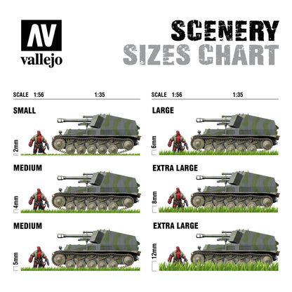 Vallejo Scenery Wild Tuft Dry sizes chart showing scale 1:56 and 1:35 with various grass height options for modeling.