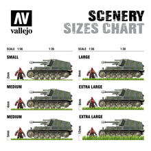 Vallejo Scenery Wild Tuft Dense Beige size chart showing 6mm large scale for dioramas and model scenery.