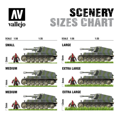Vallejo Scenery Wild Tuft Winter size chart showing scale comparisons for small to extra large tufts in miniature scenery modeling.