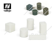 Vallejo Scenery WWII German Food Containers 4 Pcs 1/35 Scale detailed miniature model accessories for dioramas and military scenes.