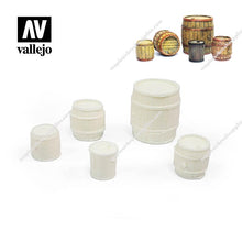 Vallejo Scenery Wooden Barrels set of five 1/35 scale detailed miniature barrels for diorama and model scenes.