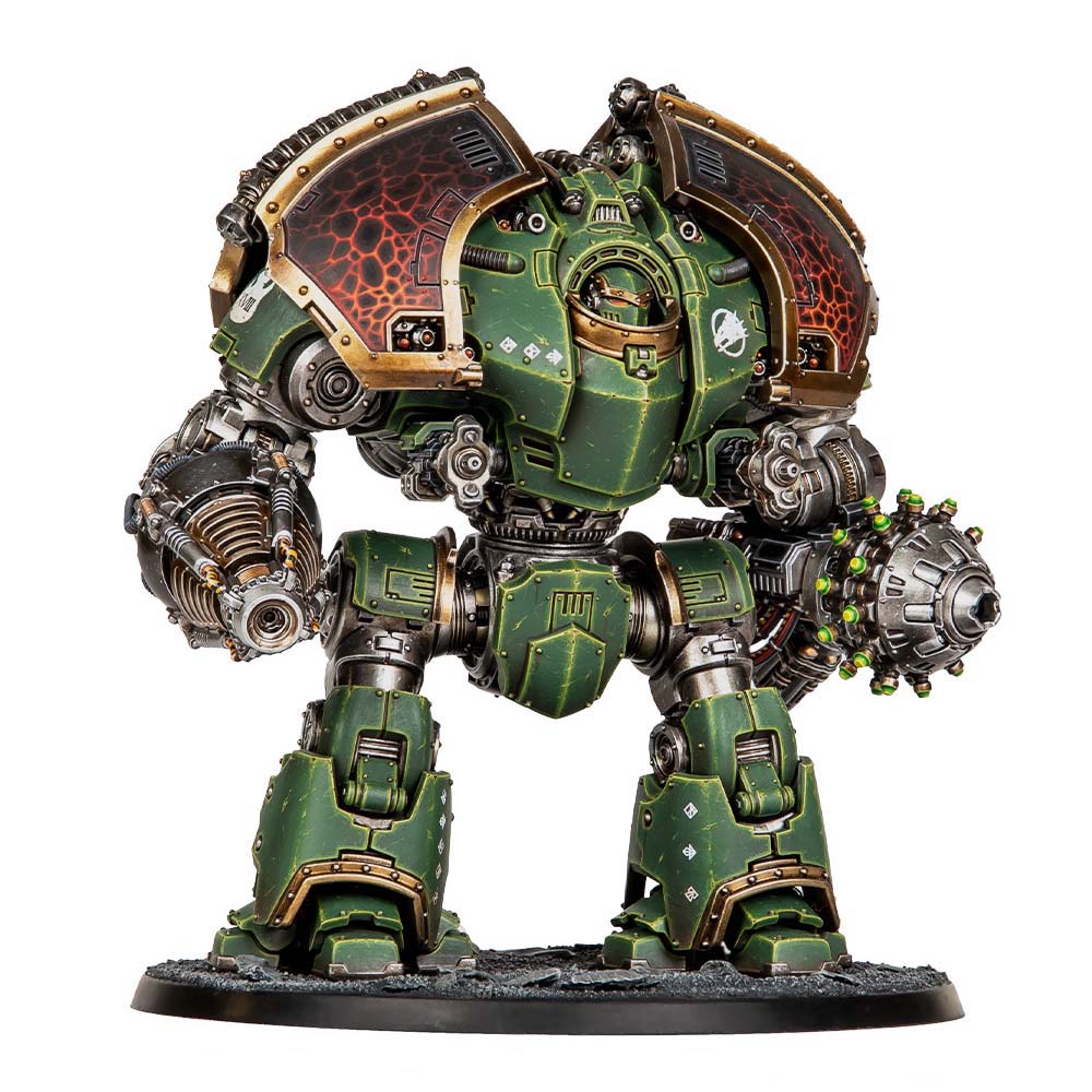 Saturnine Dreadnought Ophion Warhammer 40K model with green armour and heavy particle shredders, detailed multipart kit.