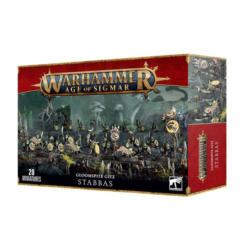 Warhammer Age Of Sigmar Gloomspite Gitz Stabbas unpainted miniatures kit with 20 Stabbas and accessories for assembly.