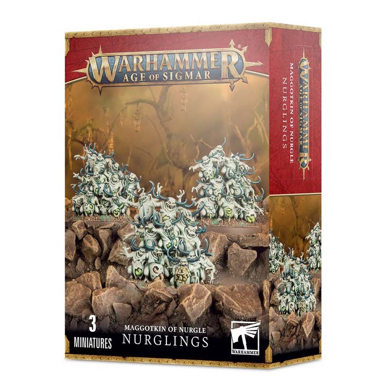 Warhammer Age Of Sigmar Chaos Demons Maggotkin of Nurgle Nurglings miniature kit with three detailed plastic Nurgling towers.