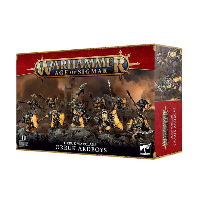 Warhammer Age Of Sigmar Orruk Warclans Orruk Ardboys miniature set with ten unpainted plastic figures and 32mm bases.