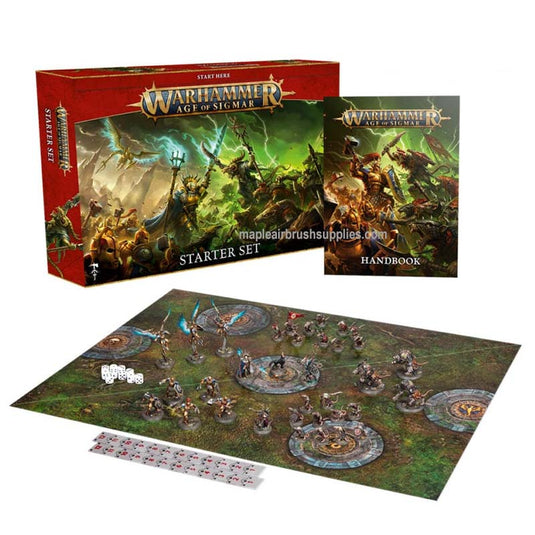 Warhammer Age Of Sigmar Starter Set with handbook, game board, dice, and assembled miniatures for beginners.