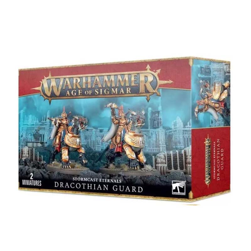 Warhammer Age Of Sigmar Storm Cast Eternals Dracothian Guard plastic kit with two detailed miniatures on bases.