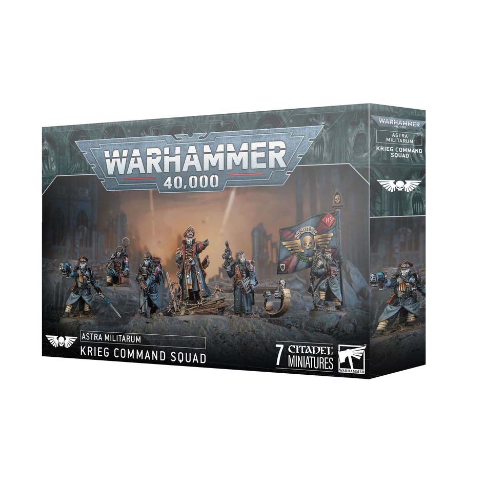Warhammer Krieg Command Squad plastic kit with seven Astra Militarum miniatures including Lord Commissar and Veterans.