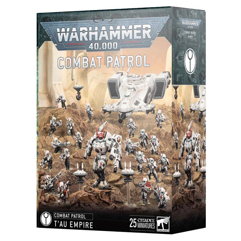 Warhammer 40K Combat Patrol T'Au Empire boxed set with commander, breachers, pathfinders, drones, and Devilfish vehicle models.