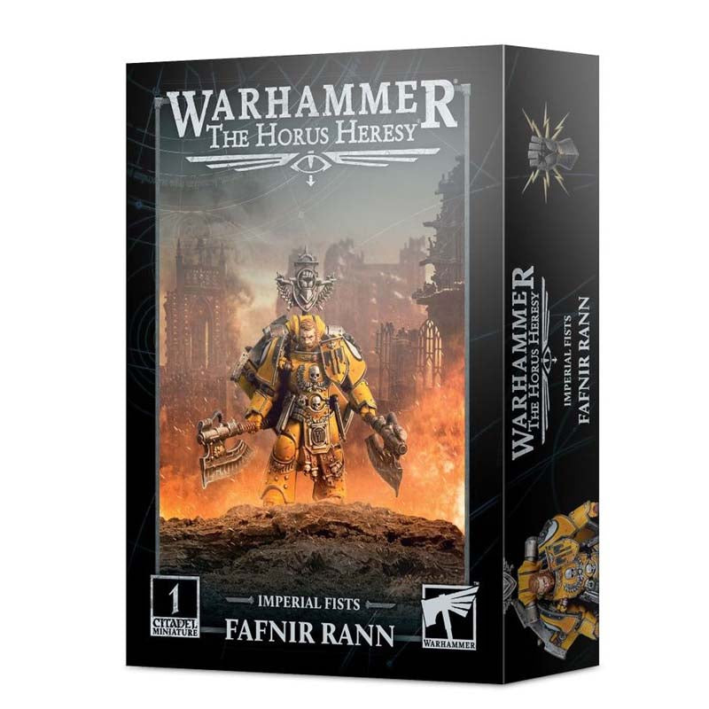 Warhammer The Horus Heresy Imperial Fists Fafnir Rann plastic model kit with painted miniature on battlefield base.