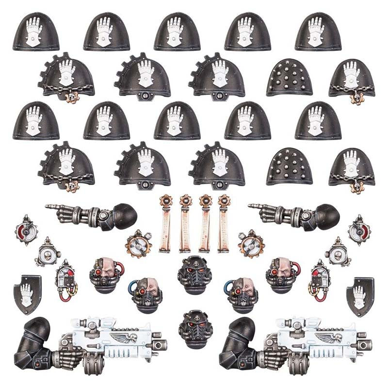 Warhammer 40K Space Mariners Iron Hands Primaris Upgrades & Transfers with power armor pads, weapon arms, and character heads.