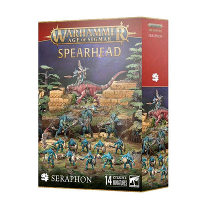 Warhammer Age Of Sigmar Seraphon Spearhead box with 14 multipart plastic miniatures including Saurus and Kroxigor models