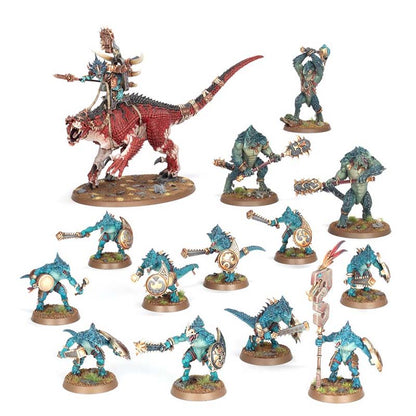 Warhammer Age Of Sigmar Seraphon Spearhead featuring painted Saurus Warriors, Kroxigor, and Saurus Oldblood on Carnosaur models.