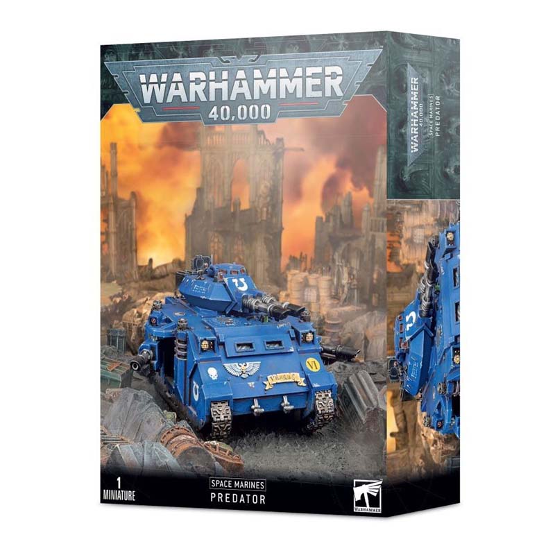 Warhammer 40K Space Marines Predator model kit with heavy turret armament and Ultramarines transfer sheet.