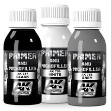 AK 3rd Gen Primer and Micro Filler bottles in black, white, and grey for durable metal and plastic priming.