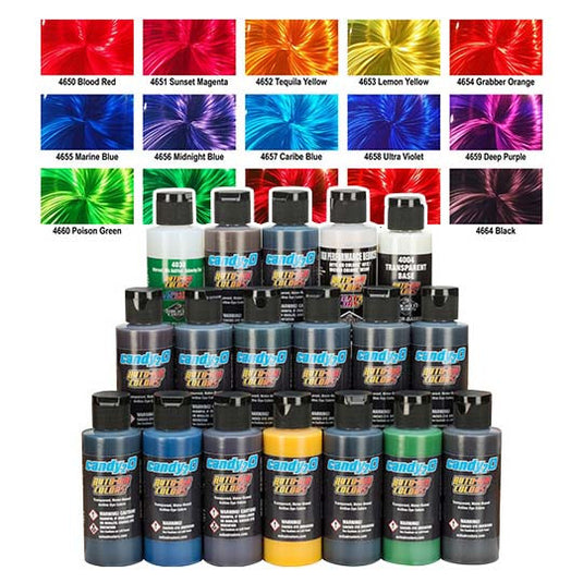 Candy 2o Complete Set with 17 vibrant 2oz water-based dye concentrates and 3 additive bottles for automotive refinishing.