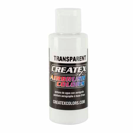 Transparent White Createx airbrush color bottle with water-based formula for detailed painting and clear finish.