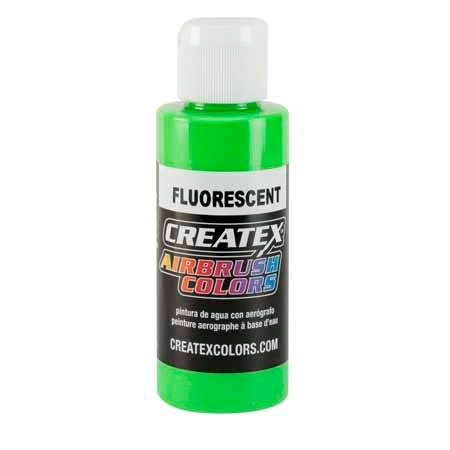 Createx Fluorescent Green airbrush paint in neon fluorescent green for vibrant, glowing effects on white bases.