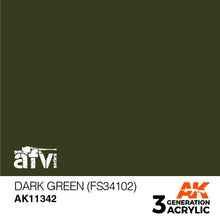 AK 3rd Gen Dark Green (FS34102) acrylic paint for AFV models, brush and airbrush use with optimal coverage.