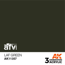 AK 3rd Gen LAF Green acrylic paint for AFV models, ideal for brush and airbrush with 3:1 paint to thinner ratio.