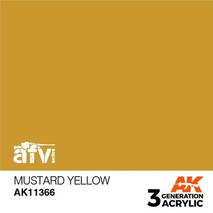 AK 3rd Gen Mustard Yellow acrylic paint for AFV models, ideal for brush and airbrush with recommended thinner ratio.