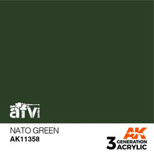 AK 3rd Gen NATO Green premium acrylic paint for AFV models, designed for brush and airbrush with optimal coverage.