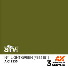 AK 3rd Gen No1 Light Green (FS34151) acrylic paint for AFV models, brush and airbrush use with optimal coverage.
