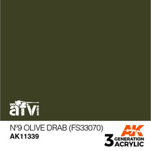 AK 3rd Gen No9 Olive Drab FS33070 acrylic paint for historically accurate AFV model airbrush and brush use.