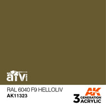 AK 3rd Gen RAL 6040 F9 Helloliv acrylic paint in olive green for AFV military model brush and airbrush use.