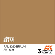 AK 3rd Gen RAL 8020 Braun premium acrylic paint for AFV models with accurate Brown color for brush and airbrush use.