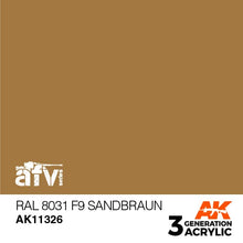 AK 3rd Gen RAL 8031 F9 Sandbraun acrylic paint by AK Interactive for AFV models with brush and airbrush use.