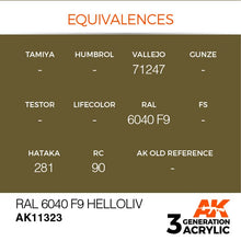 AK 3rd Gen RAL 6040 F9 Helloliv acrylic paint swatch with color equivalences for military model painting.