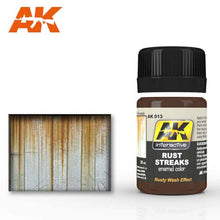 AK Rust Streaks enamel color for realistic rusty wash effects on models and surfaces with detailed rust streak patterns.