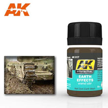 AK Earth Effects enamel color in matte dark earth wash for realistic weathering and terrain effects on models.
