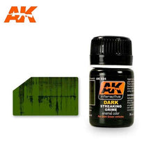 AK Streaking Grime For Dark Vehicles enamel paint bottle with dark green streaking effect swatch for scale modeling.