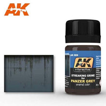 AK Streaking Grime For Panzer Grey Vehicles enamel color bottle with example streaking grime effects on grey surface.