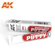AK Modeling White Putty 20ml tube and packaging for extra hard, water-based acrylic putty ideal for modeling and 3d prints.