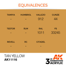 AK 3rd Gen Tan Yellow acrylic paint with color equivalences for Vallejo, Gunze, RAL, and FS codes.