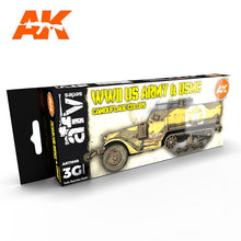 AK 3rd Gen US Army USMC Camouflage Color Set with eight essential WWII acrylic paint colors for military models.