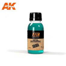 AK Metal Burnishing Fluid bottle with turquoise liquid for naturally weathering and rusting metal model tracks.