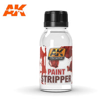 AK Paint Stripper bottle for easy removal of enamels, acrylics, lacquers on wood, plastic, and metal surfaces.