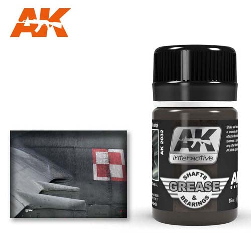AK Grease Shafts & Bearings bottle with detailed label for modeling and scale figure painting.
