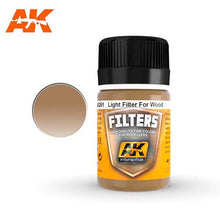 AK Light Filter For Wood bottle with brown wood-tone filter paint for detailed modeling and finishing.