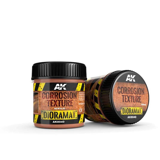 AK Corrosion Texture acrylic product for realistic corrosion and rust effects on dioramas and scale models.